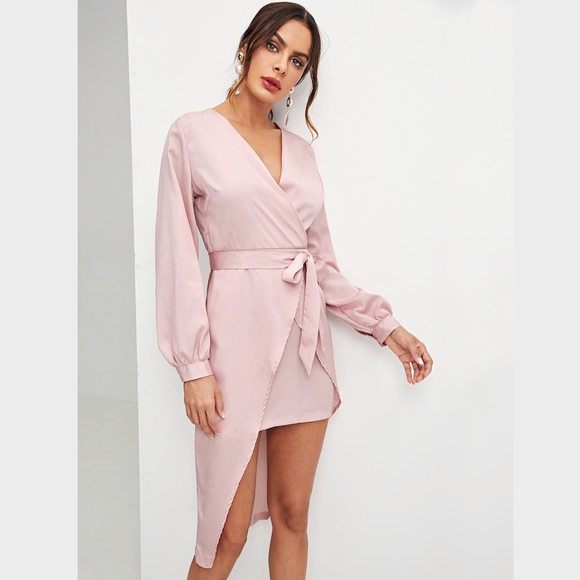 Self Belted Asymmetrical Hem Wrap Dress Pink - Picture 3 of 5